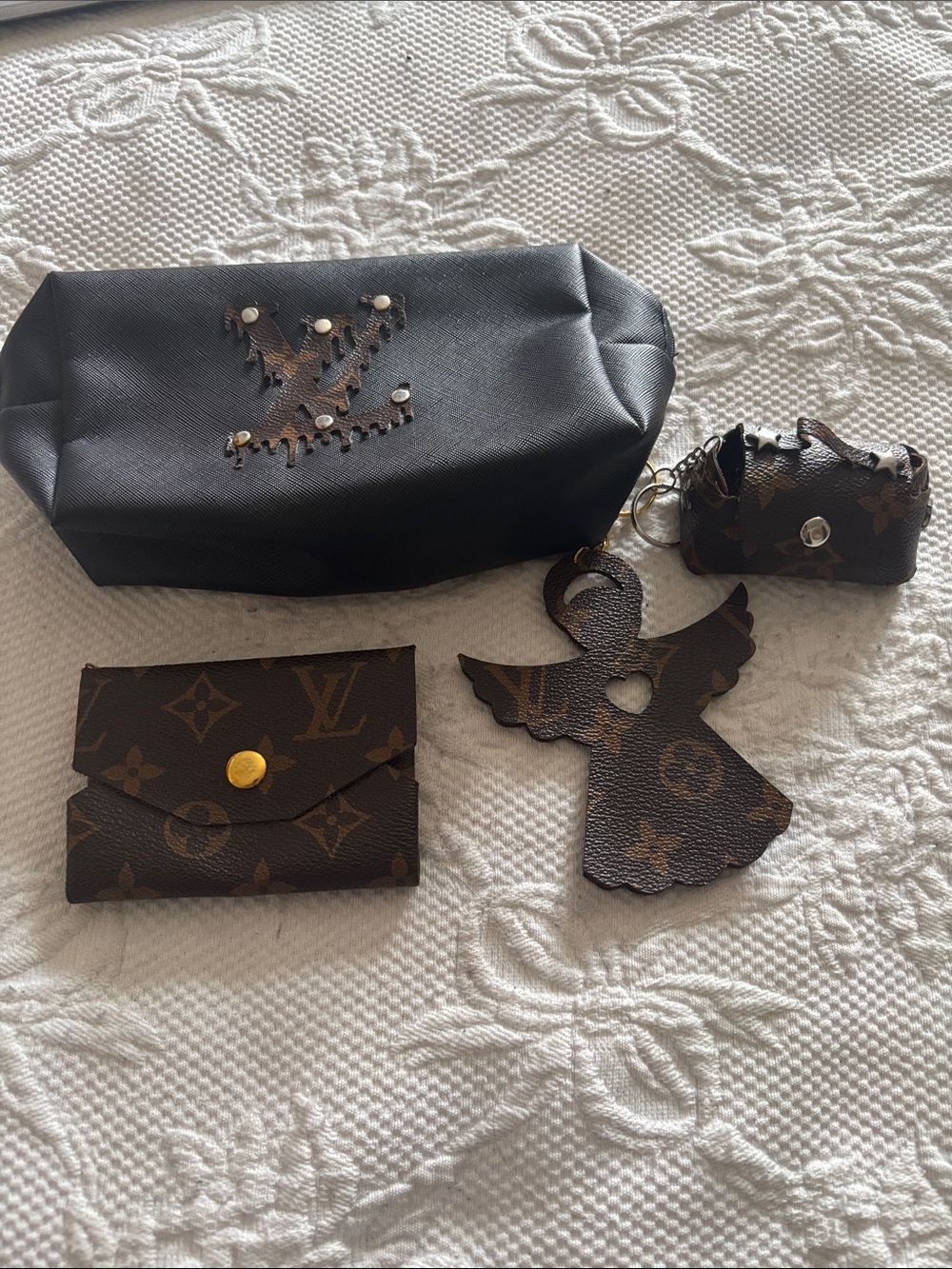 Upcycled Brown Monogram Keychain & Card Holder Set - Brown